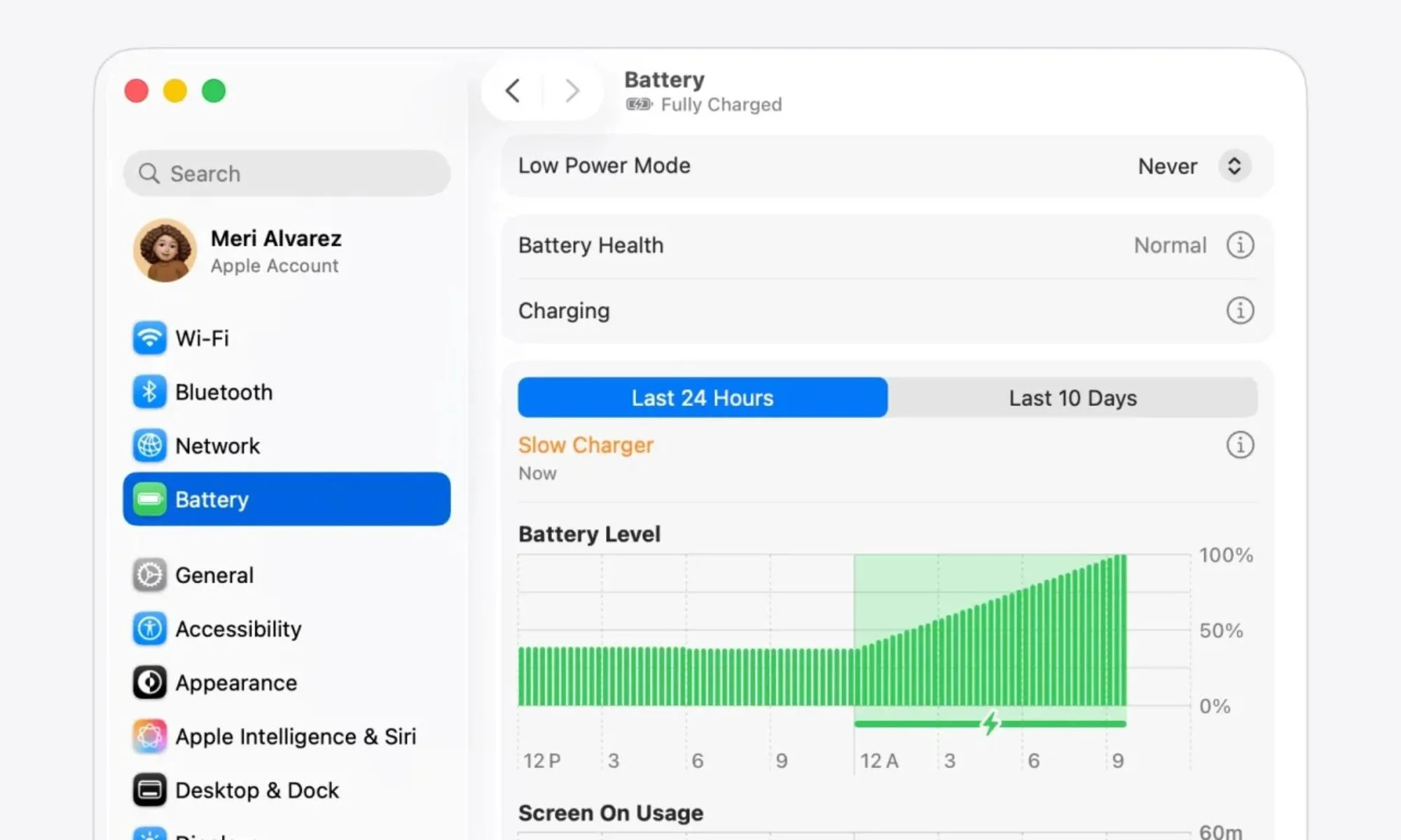 macOS 26.4 slow charger indicator.